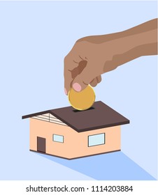 Hand dropping putting golden coin in to home clean vector illustration finance money concept own home concept isolated white background