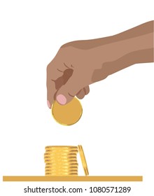 Hand dropping putting and stacking golden coin clean vector illustration finance money concept isolated white background stack of coins