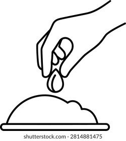 Hand dropping seed into soil outline icon with planting, agriculture