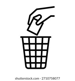 Mano que deja caer la basura en el icono del cubo de basura que elimina los residuos, promoviendo prácticas respetuosas del medio ambiente, reduciendo la contaminación