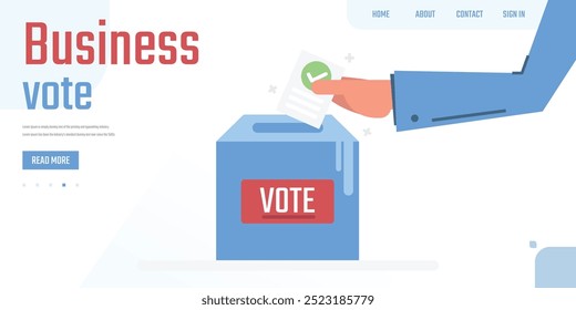 Hand dropping a vote into a ballot box with a checkmark, illustrating participation in business decision-making.