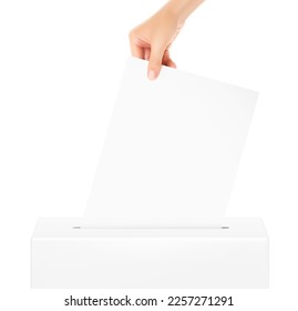 Hand dropping white ballot on the election box. Vector illustration on white background. Ready for your design. EPS10.	