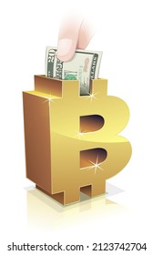 A Hand Drops A 20 Dollar Bill Into A Piggy Bank In The Shape Of The Golden Symbol Of Bitcoin Cryptocurrency On A White Background