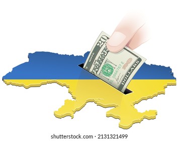 A Hand Drops A 20 Dollar Bill Into A Map Of Ukraine In The Colors Of The Ukrainian Flag (cut Out)