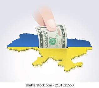 A Hand Drops A 20 Dollar Bill Into A Map Of Ukraine In The Colors Of The Ukrainian Flag