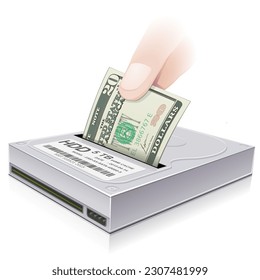 A hand drops a 20 dollar bill into a hard drive representing data storage (isolated)
