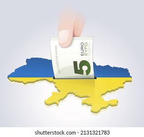 A hand drops a 5 euro banknote into a map of Ukraine in the colors of the Ukrainian flag