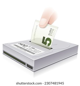 A hand drops a 5 euro banknote into a hard drive representing data storage (isolated)