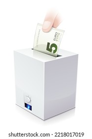 A hand drops a 5 euros bill into a gas boiler like a piggy bank isolated on a white background (isolated)