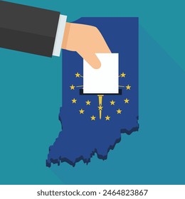 A hand drops a ballot in the 3D indiana map with the colors of the indiana state flag on a blue background in a flat design style