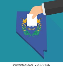 A hand drops a ballot in the 3D Nevada map with the colors of the Nevada state flag on a blue background in a flat design style