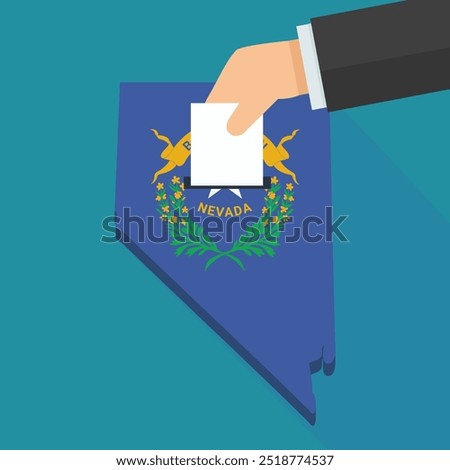 A hand drops a ballot in the 3D Nevada map with the colors of the Nevada state flag on a blue background in a flat design style