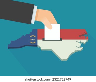 A hand drops a ballot in the 3D North Carolina map with the colors of the north carolina state flag on a blue background in a flat design style