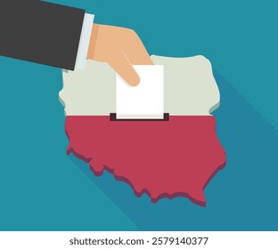 A hand drops a ballot in the 3D Poland map with the colors of the Polish flag on a blue background with long shadow (flat design)