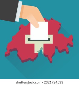 A hand drops a ballot in the 3D  Switzerland map with the colors of the Swiss flag on a blue background in a flat design style