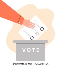 Mano arroja la cédula de votación a la urna, ilustración vectorial de caricatura plana aislada en fondo blanco. Votación y elección, haciendo el concepto de elección democrática.