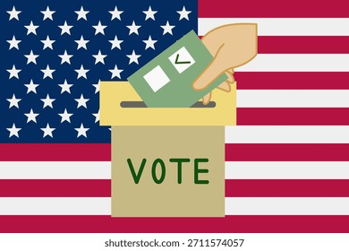 Una mano arroja una papeleta en una urna con el telón de fondo de la bandera de Estados Unidos. Elecciones 2024.