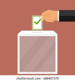 The hand drops the ballot into the ballot box. A hand holds a newsletter. Flat design, vector illustration, vector.