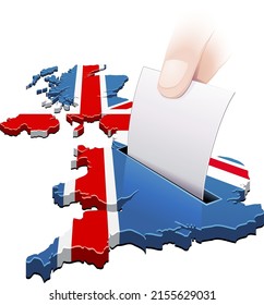 A hand drops a ballot into a slot in the 3D map of the United Kingdom in the colors of the British flag (cut out)