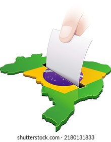 A hand drops a ballot into a slot on a 3D map of Brazil in the colors of the Brazilian flag (cut out)