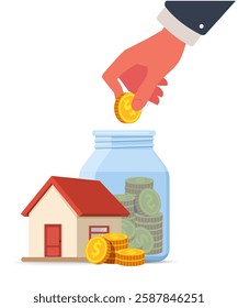 Hand drops a coin into a jar overflowing with coins, beside a small house, symbolizing saving money for a home or financial security. Victor Illustration. Stock Illustration