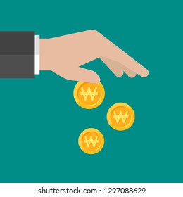 Hand drops gold korean won coins. Vector flat illustration on blue. Give, receive, take, earn money. Financial success, salary, investment, dividend. Currency, pay