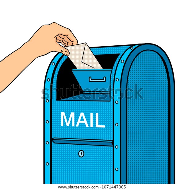 手書きでメールボックスに手紙を落とすレトロなベクターイラスト 白い背景に分離型画像 漫画本スタイルの模倣 のベクター画像素材 ロイヤリティフリー