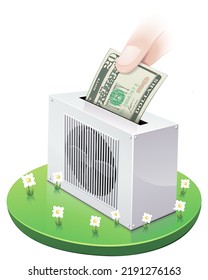 A Hand Drops A US 20 Dollar Bill Into A Slot At The Top Of A Heat Pump On A Piece Of Grass (cut Out)