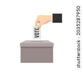 Hand drops voting page into ballot box. Voting ballot box. Flat design vector illustration isolated on white background.