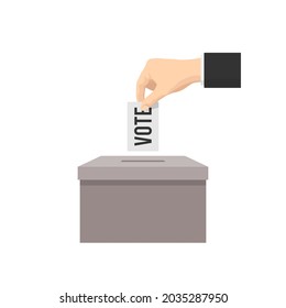 Hand drops voting page into ballot box. Voting ballot box. Flat design vector illustration isolated on white background.