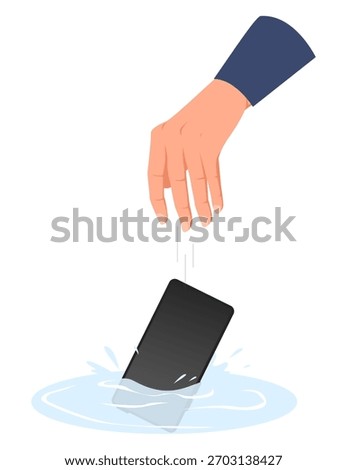 Hand drops your smartphone and it falls into water. Drown mobile in puddle. Broken phone. Electronic device suffered from wet. Failure and misfortune. Careless arm. Waterproof gadget. Vector concept