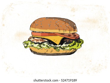 Hand drown American fast food burger. Vector