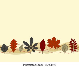 Hand drown autumn leaf border seamless pattern on the light Background.