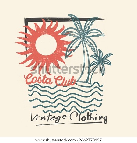 hand drown beach illustration . Summer vibes artwork. Beach modern abstract art. Sunset Costa Club typography text slogan. big sun in this artwork
