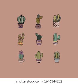 Iconos de cactus ahogados a mano en un estilo plano. Plantas domésticas cactus en la olla. 
