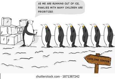 Hand Drown Cartoon Comic Of Penguins. Ice Distribution Center. Global Warming Comic. 