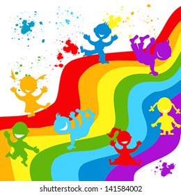 Hand drown children silhouettes in rainbow colors