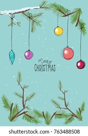 Hand drown Christmas tree branches with balls. Christmas and New Year 2018 background. 