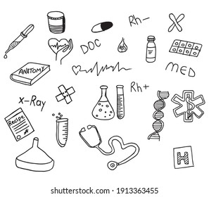 Hand drown collection medical essentials on white isolated background set