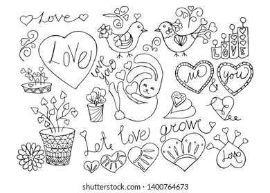 Hand drown doodle vector illustration. Set of cute Valentine day items. Hearts, stilized plants, curls, fabulous birds, bunny, lettering. Let love grow. For greeting cards, posters. Black white color