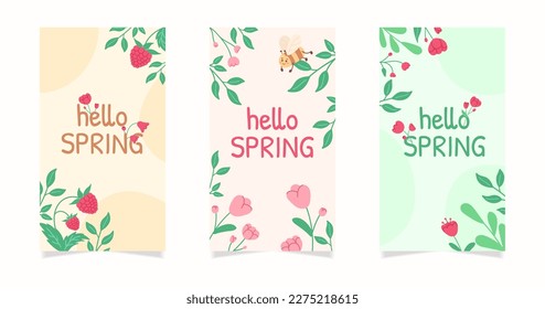 Hand drown flower stories background set. Spring floral illustration background. Patterns for social media story, poster, invitation.
