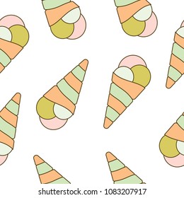 Hand drown ice cream cone seamless pattern. Vector brush painted ice cream horn seamless pattern isolated on white background with colorful stars. Waffle dessert icon in pink, cyan and orange colors.