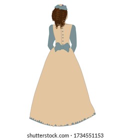 hand drown lady in eighteenth-century clothes stands with her back