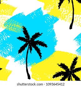 Hand drown palm tree seamless pattern with color accent. Vector illustration