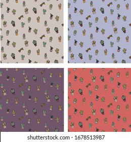 Hand drown pattern of cactus on 4 different backgrounds