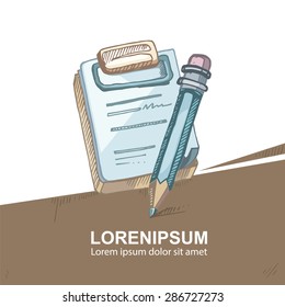 Hand drown picture. Notepad with pencil. Conceptual background template