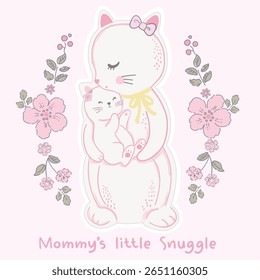 Hand drown pretty kitten love to baby and mummy little snuggle, love, flowers, bow, ribbon, background pink. For textiles, cotton fabric, covers, wallpaper, printing, cards, scrapbooking.