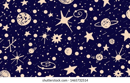 Hand drown scratch style night sky background. Space, stars and planets. Space blue and beige abstract. Vector Illustration