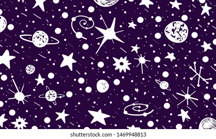 Hand drown scratch style night sky background. Space, stars and planets. Space violet and white abstract. Vector Illustration