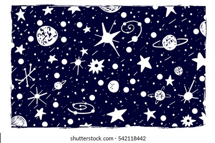 Hand drown scratch style night sky background. Space, stars and planets. Vector Illustration